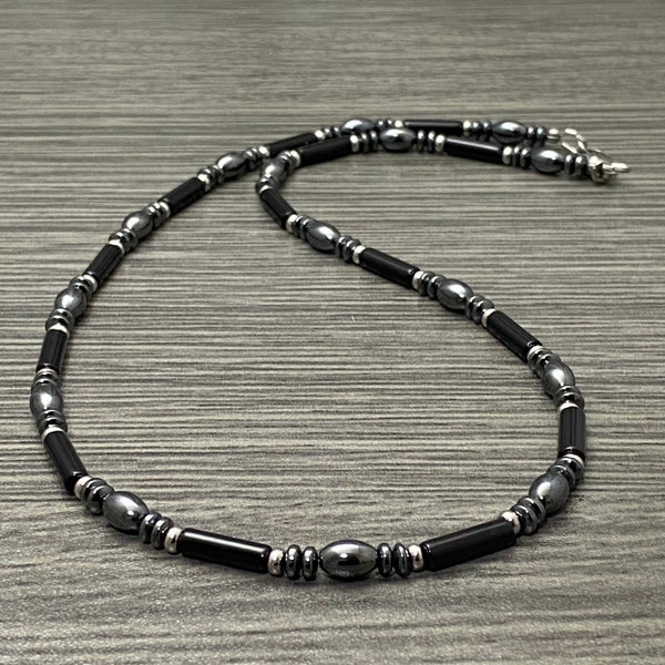 Black Onyx and Hematite Gemstone Beaded Necklace Men Women