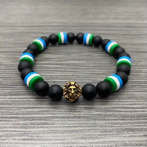 Sierra Leone Flag Inspired with Brass Oxide Lion Bead Matte Onyx Stone and Ceramic Stretch Bracelet Men Women