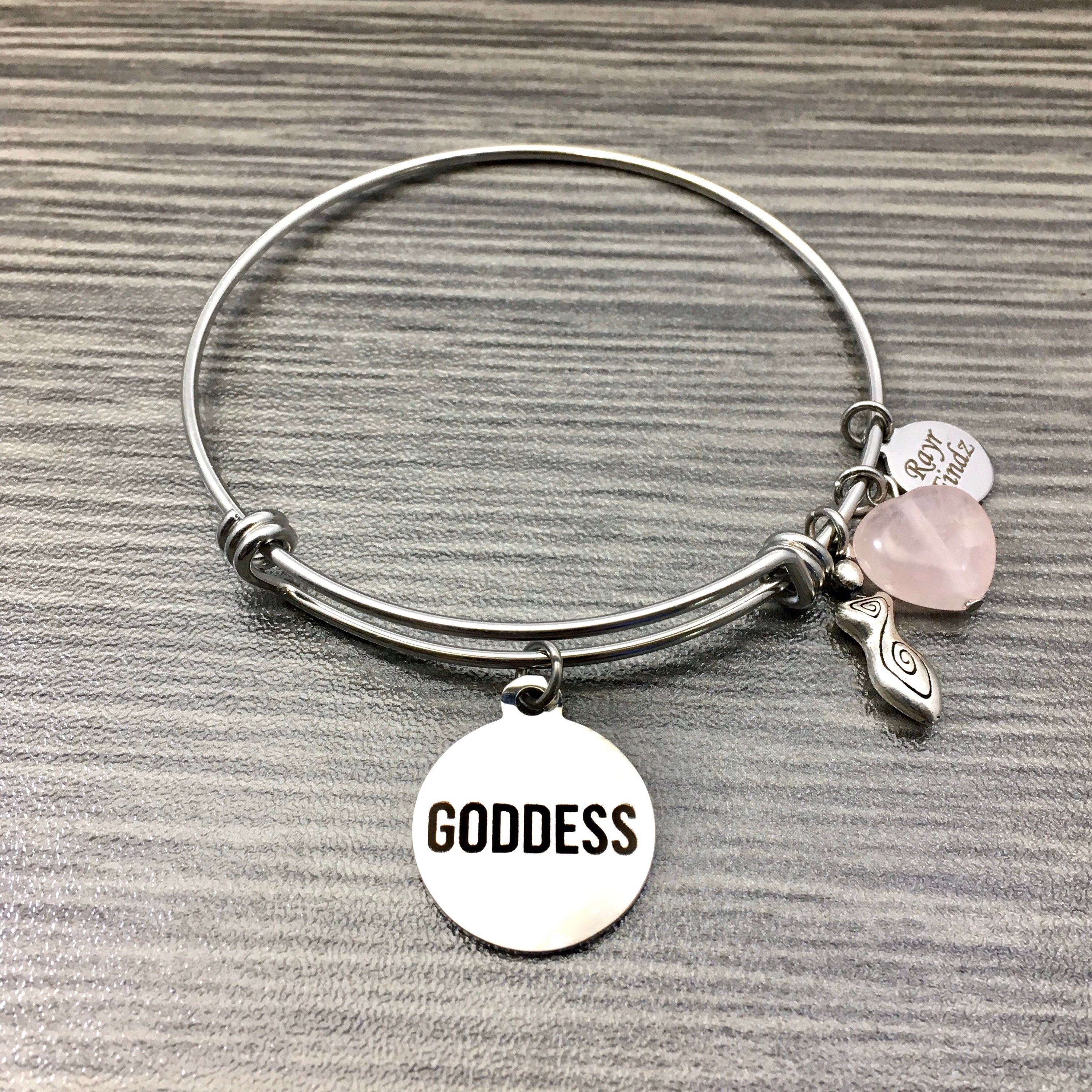 Goddess Charm Bangle Bracelet Goddess Bracelet with Heart Shaped Rose  Quartz