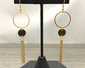 Gold Plated Stainless Steel Circle Tassel Drop Dangle Earrings