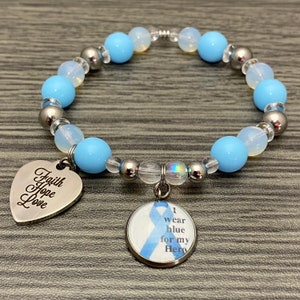 Prostate Cancer &quot;I Wear Blue For My Hero&quot; Stainless Steel Charm Beaded Stretch Bracelet
