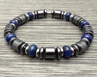 Men Lapis Lazuli and Hematite Drum with Stainless Steel Stretch Bracelet