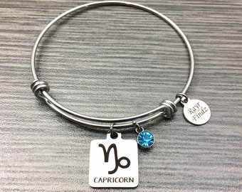 Zodiac Sign with Birthstone  Charm Stainless Steel Adjustable Charm Bangle Bracelet