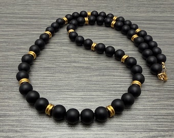 Black Matte Onyx Large Gemstone with Gold Tone Stainless Steel Beaded Necklace Men Women