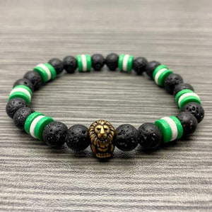 Nigerian Flag Inspired with Brass Oxide Lion Bead Lava Stone and Ceramic Stretch Bracelet Men Women