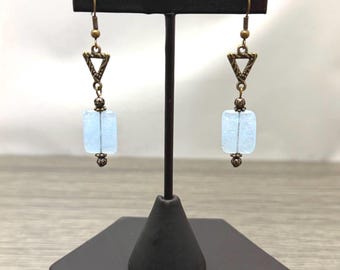 Blue Dyed Quartz and Geometric Antique Brass Oxide Beaded Dangle Earrings