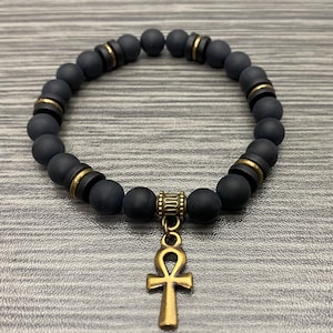 African Inspired Ankh Matte Onyx Stone and Ceramic Stretch Bracelet Men Women