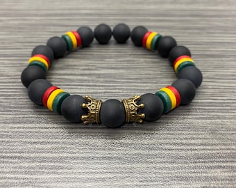 Rasta Flag Inspired with Brass Oxide Crowns Larger Matte Onyx and Ceramic Stretch Bracelet Men Women