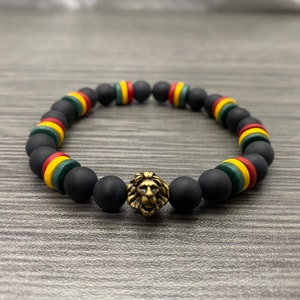 Rasta Flag Inspired with Brass Oxide Lion Bead Matte Onyx Stone and Ceramic Stretch Bracelet Men Women