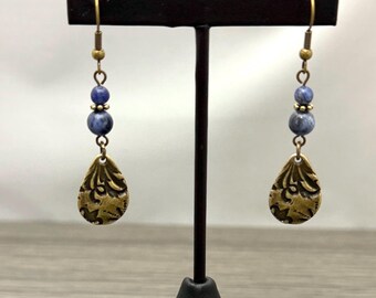Blue Sodalite with Antique Brass Teardrop Decorative Accents Dangle Earrings