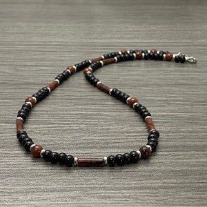 Mahogany Obsidian with Black Onyx and Stainless Steel Gemstone Beaded Necklace Men Women