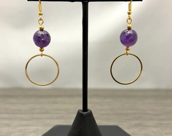 Amethyst Faceted Gold Tone Stainless Steel Circle Dangle Earrings