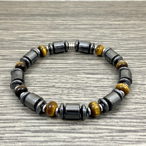 Tiger Eye and Magnetic Hematite Drum & Rondel Gemstone w/ Silver Hematite Stretch Bracelet Men Women