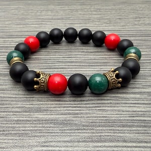Pan African RBG Flag Inspired Black Matte Onyx Gemstone & Dyed Mountain Jade Stretch Bracelet with Crown Brass Oxide Accents Men Women