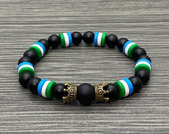Sierra Leone Flag Inspired with Brass Oxide Crowns, Matte Onyx Stone and Ceramic Stretch Bracelet Men Women