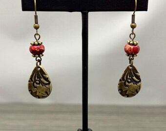 Dark Red Imperial Jasper with Antique Brass Teardrop Decorative Accents Dangle Earrings