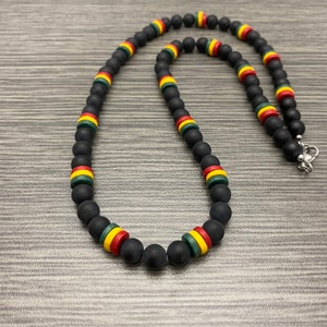 Rasta Flag Inspired Matte Onyx Stone and Ceramic Rondelle Beaded Necklace Men Women