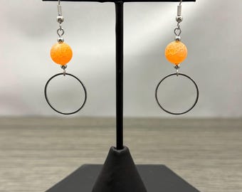Orange Matte Fire Crackle Agate Stainless Steel Circle Dangle Earrings