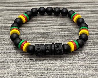 Cameroon Flag Inspired Ceramic and Matte Onyx Stone Beaded Bracelet with Hand Carved Wooden Focal Men Women