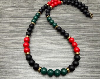 Pan African Inspired RBG Black Matte Onyx Gemstone & Dyed Mountain Jade Beaded Bold Necklace