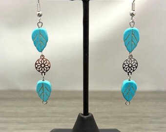 Turquoise Magnesite Leaf Silver Flower Dangle Earrings