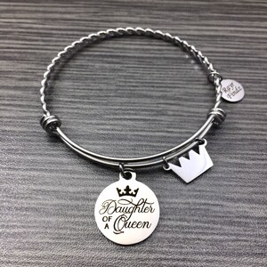 Expandable Charm Bangle Bracelet Daughter of a Queen with Crown Charm Stainless Steel Twisted