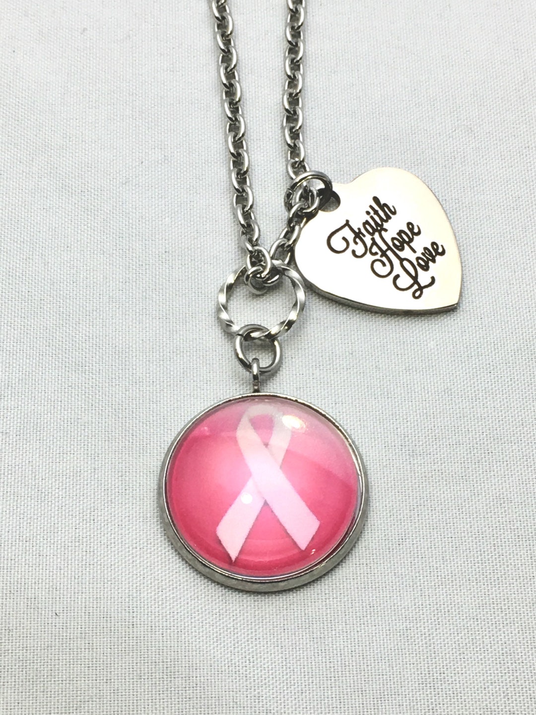 Pink Awareness Ribbon Stainless Steel Photo Charm W/ Faith Hope Love ...