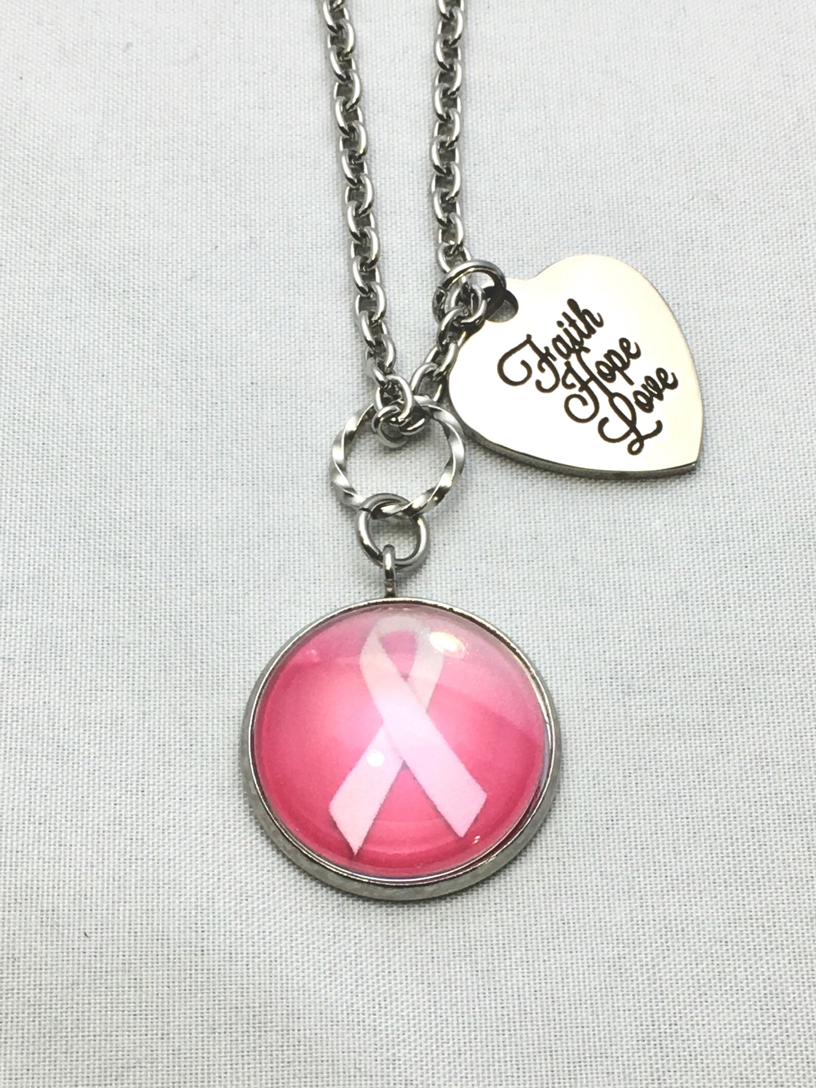 Pink Awareness Ribbon Stainless Steel Photo Charm W/ Faith Hope Love ...