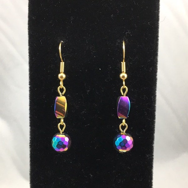 Petite Multicolored Luster Hematite Twist & Faceted Round Drop Dangle Earrings