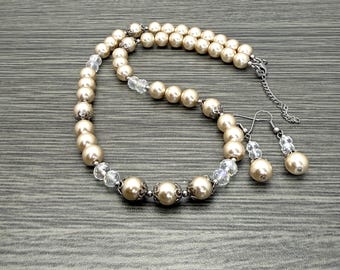Beige Pearl and Crystal with Stainless Steel Necklace and Dangle Earrings Set