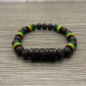 Jamaican Flag Inspired Ceramic and Lava Stone Beaded Bracelet with Hand Carved Wooden Focal Men Women