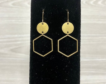 Hexagon & Circle Geometric Gold Plated Stainless Steel Drop Dangle Earrings