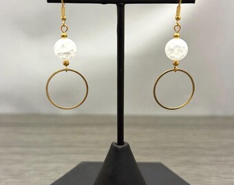 Crackle Matte Quartz Gold Tone Stainless Steel Circle Dangle Earrings