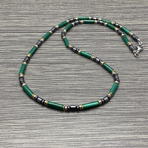 Malachite & Hematite with Stainless Steel Gemstone Beaded Necklace Men Women