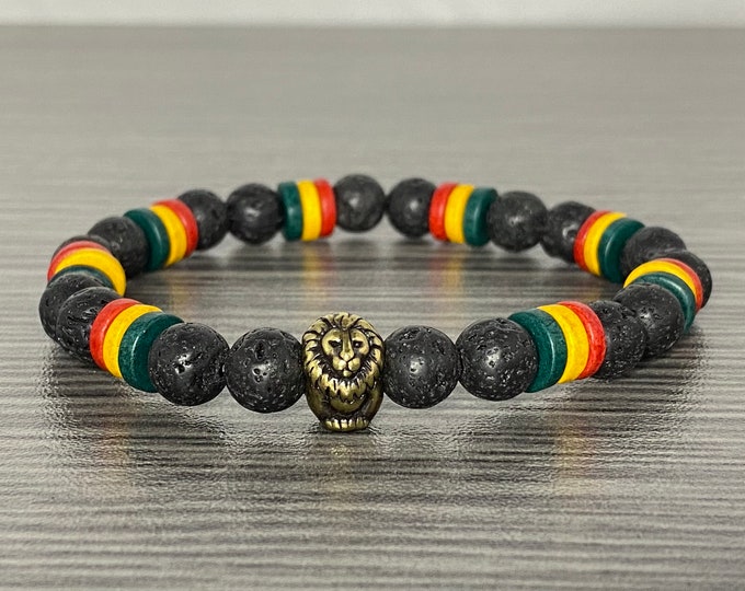 Rasta Inspired with Brass Oxide Lion Bead Lava Stone and Ceramic Stretch Bracelet Men Women