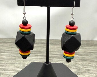 Rasta Flag Inspired Big Bold Wood Ceramic Dangle Earrings