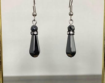 Teardrop Hematite Faceted Crystal Dangle Earrings