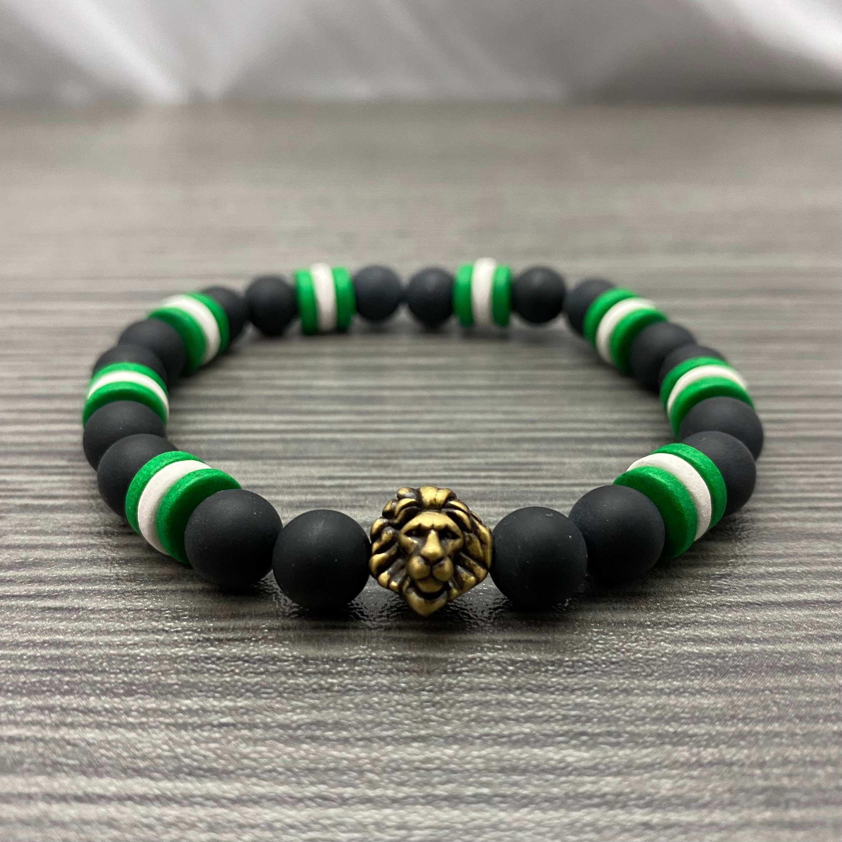 Nigerian Flag Inspired With Brass Oxide Lion Bead Matte Onyx Stone