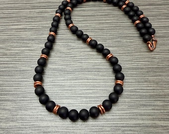 Black Matte Onyx with Copper Tone Accents Beaded Necklace Men Women