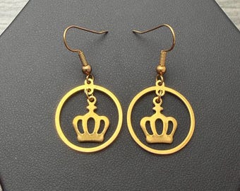 Crown Gold Tone Stainless Steel Floating Hoop & Dangle Earrings
