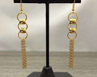 Gold Plated Stainless Steel Circle and Oval Tassel Drop Dangle Earrings