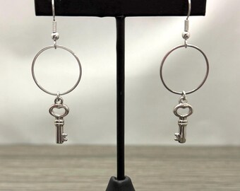 Open Circle Key Charm Stainless Steel Drop Dangle Earrings