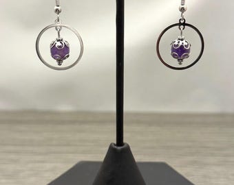Amethyst Stainless Steel Circle Dangle Earrings