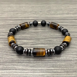 Tiger Eye,Hematite & Matte Onyx Gemstone w/Silver Hematite Stretch Bracelet Men Women