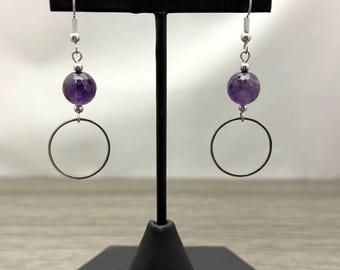Amethyst Faceted Stainless Steel Circle Dangle Earrings