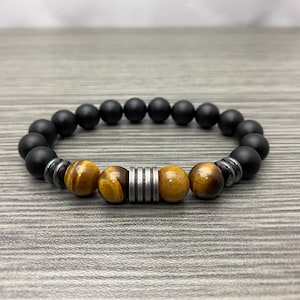 Tiger Eye and Hematite Gemstone Black Matte Onyx Stone Beaded Stretch Bracelet Men Women