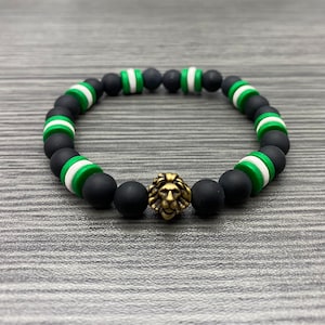 Nigerian Flag Inspired with Brass Oxide Lion Bead Matte Onyx Stone and Ceramic Stretch Bracelet Men Women