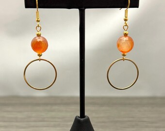 Red Striped Faceted Agate Gold Tone Stainless Steel Circle Dangle Earrings
