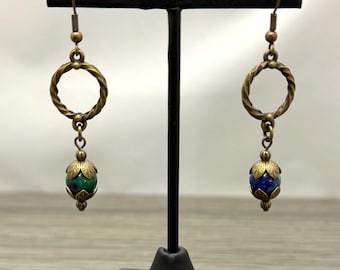 Lapis Lazuli Chrysocolla with Antique Brass Tone Twisted Circle  Accents Dangle Earrings