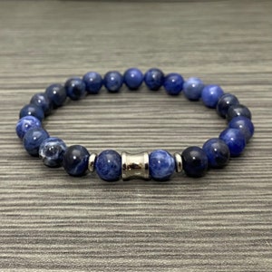 Sodalite Gemstone with Stainless Steel Accents Stretch Bracelet Men Women